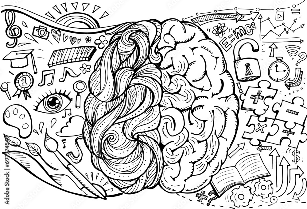Papier peint Hand drawn of the human brain is the left and right hemisphere