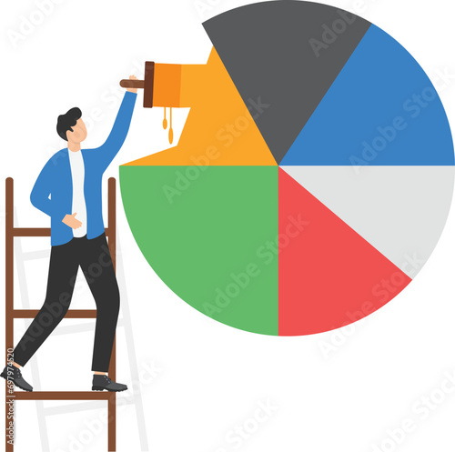 Businessman climb up stepladder to paint a pie chart. Rebalancing investment portfolio to suitable for risk and return. Investment asset allocation and rebalance. Vector illustration.

