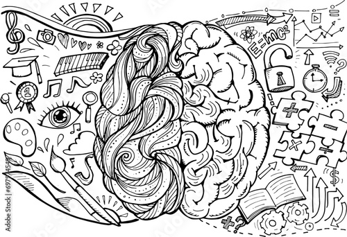 
Hand drawn of the human brain is the left and right hemisphere. Analytics and creativity. Monochrome sketch.-Vector illustration