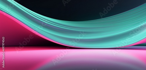 Iridescent waves of neon mint and cosmic magenta, casting an otherworldly glow on an abstract 3D-rendered minimal stage