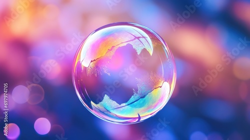 Transparent rainbow Iridescent soap bubble on multicolored blur background. AI generated image