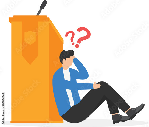 Businessman sitting hidden behind public speaking podium. Stress to talk on stage, frightening to give speech to people. Flat Vector illustration.

