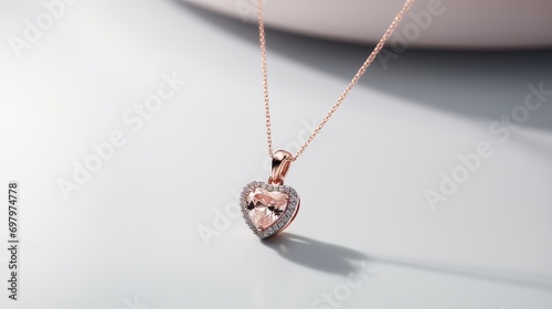 Romantic gold heart shaped pendant with inlaid gemstone on gold chain  photo