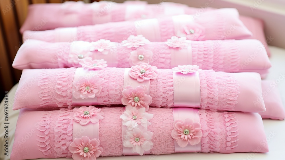 Pink lace cushions decorated with flowers and ribbons for a charming and elegant touch Pink lace cushions decorated with flowers and ribbons for a charming and elegant touch