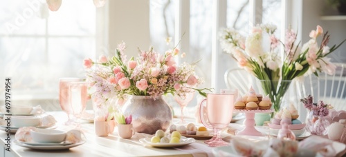 Elegant Easter brunch table setting with pastel-colored decorations and floral arrangements Banner.