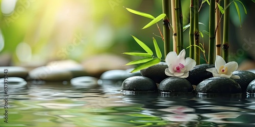 Zen stones, bamboo, flower and water in a peaceful zen garden, relaxation time, wellness, calmness and harmony, massage, spa and bodycare concept photo