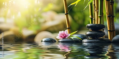 Zen stones, bamboo, flower and water in a peaceful zen garden, relaxation time, wellness, calmness and harmony, massage, spa and bodycare concept