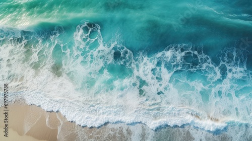 Tropical aerial view with ocean water breaks on shore. AI generated image