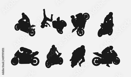set of silhouettes of motorbike racing. sport, vehicle. different pose, gesture. graphic vector illustration.