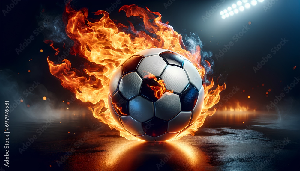 Fototapeta premium A dynamic image of a soccer ball engulfed in flames symbolizes intensity and power. The soccer ball, with its classic black and white pattern, Generative AI