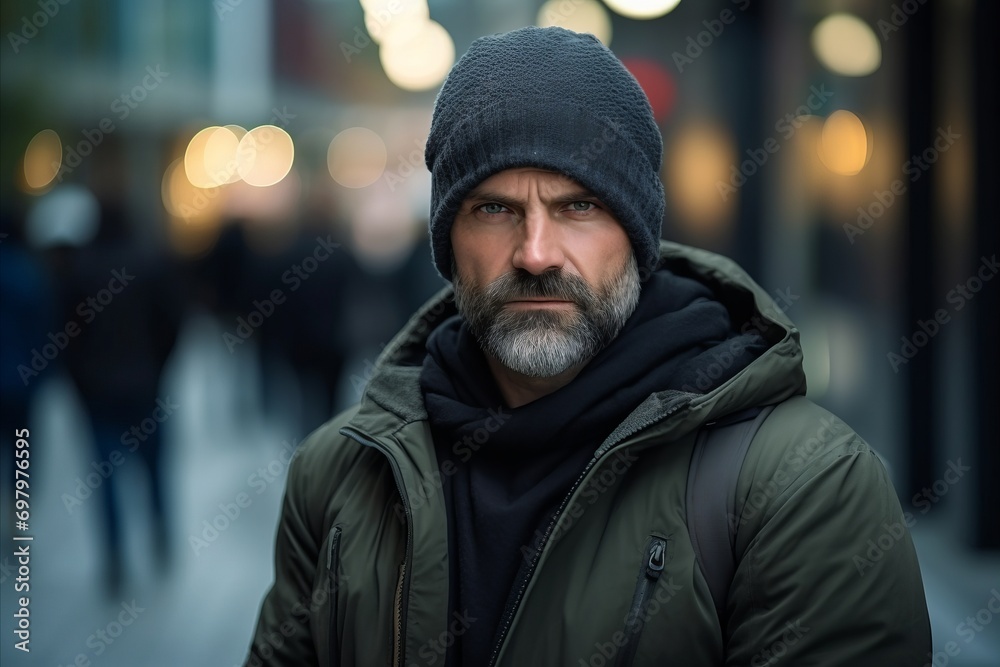 Portrait of a bearded middle-aged man in a winter jacket and hat in the city Portrait of a bearded middle-aged man in a winter jacket and hat in the city