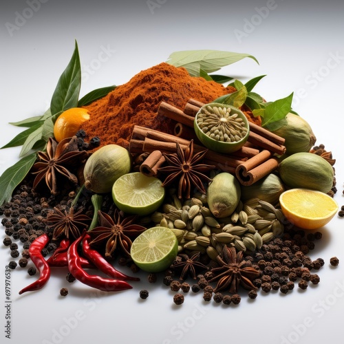 Beautiful Composition Different Aromatic Spices On White Background, Illustrations Images