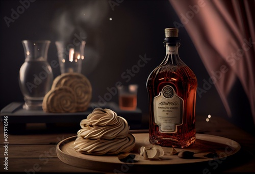 A bottle of liquor and brown meringue biscuits. Generative AI