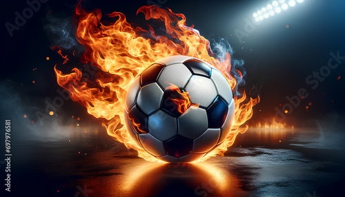 A dynamic image of a soccer ball engulfed in flames symbolizes intensity and power. The soccer ball  with its classic black and white pattern  Generative AI