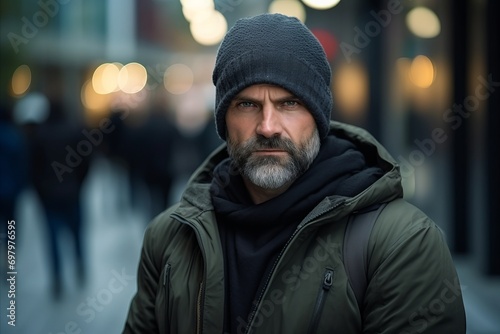 Portrait of a bearded middle-aged man in a winter jacket and hat in the city © Nerea