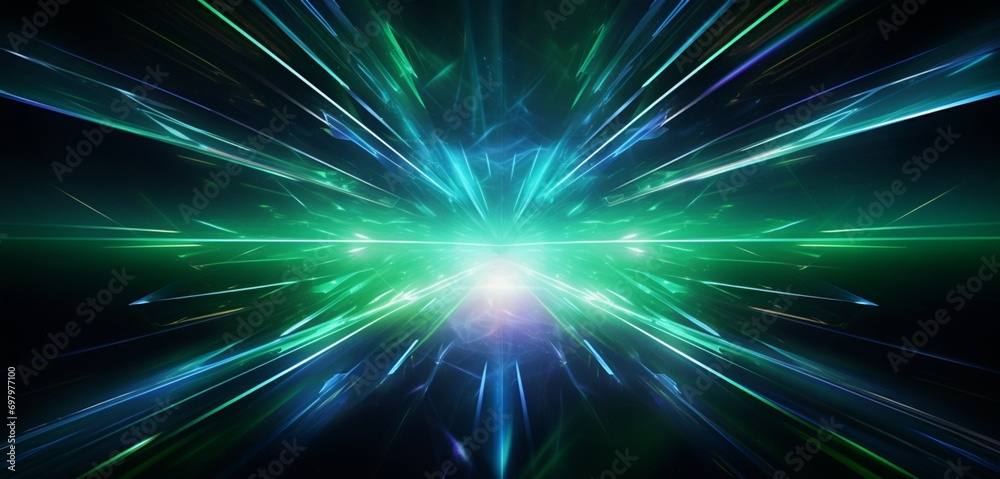 Radiant streaks of sapphire and emerald neon intersecting on a cosmic canvas, forming a hypnotic display over an abstract 3D-rendered minimal backdrop