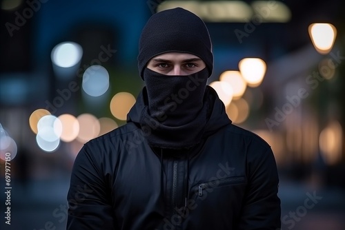 Portrait of a man wearing a balaclava in the city at night