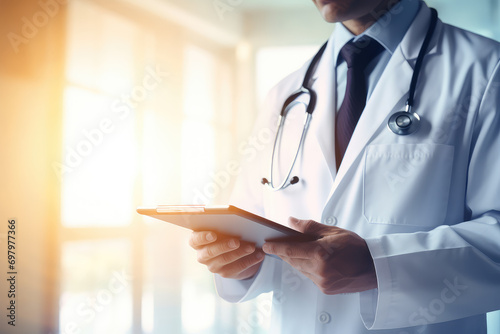 In the realm of scientific healthcare, a doctor adept in technology manages electronic medical records on a tablet, demonstrating modern medical practices.