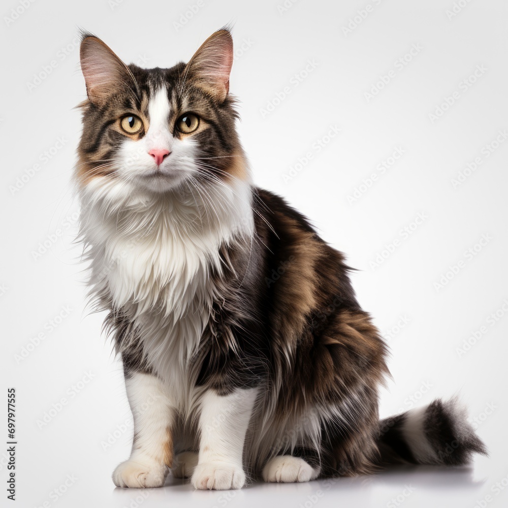 Black White Crossbreed Cat Standing Isolated On White Background, Illustrations Images