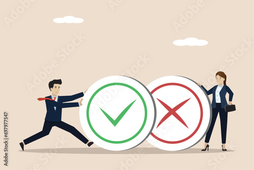 Pros and cons, do and dont or negative vs positive, comparison or advice article, yes or no, business people holding big pros and cons, right and wrong symbols.