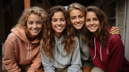 Group of high school girls friends in sweat shirts. photo