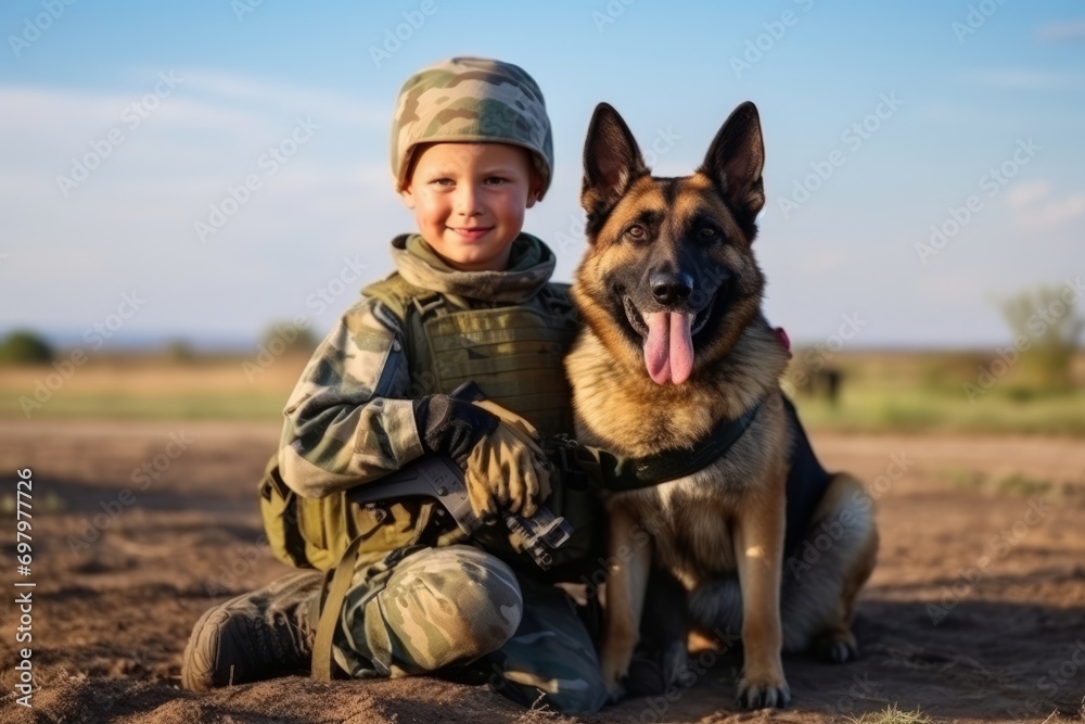 Boy with German shepherd dog sitting in field and looking at the camera Boy with German shepherd dog sitting in field and looking at the camera