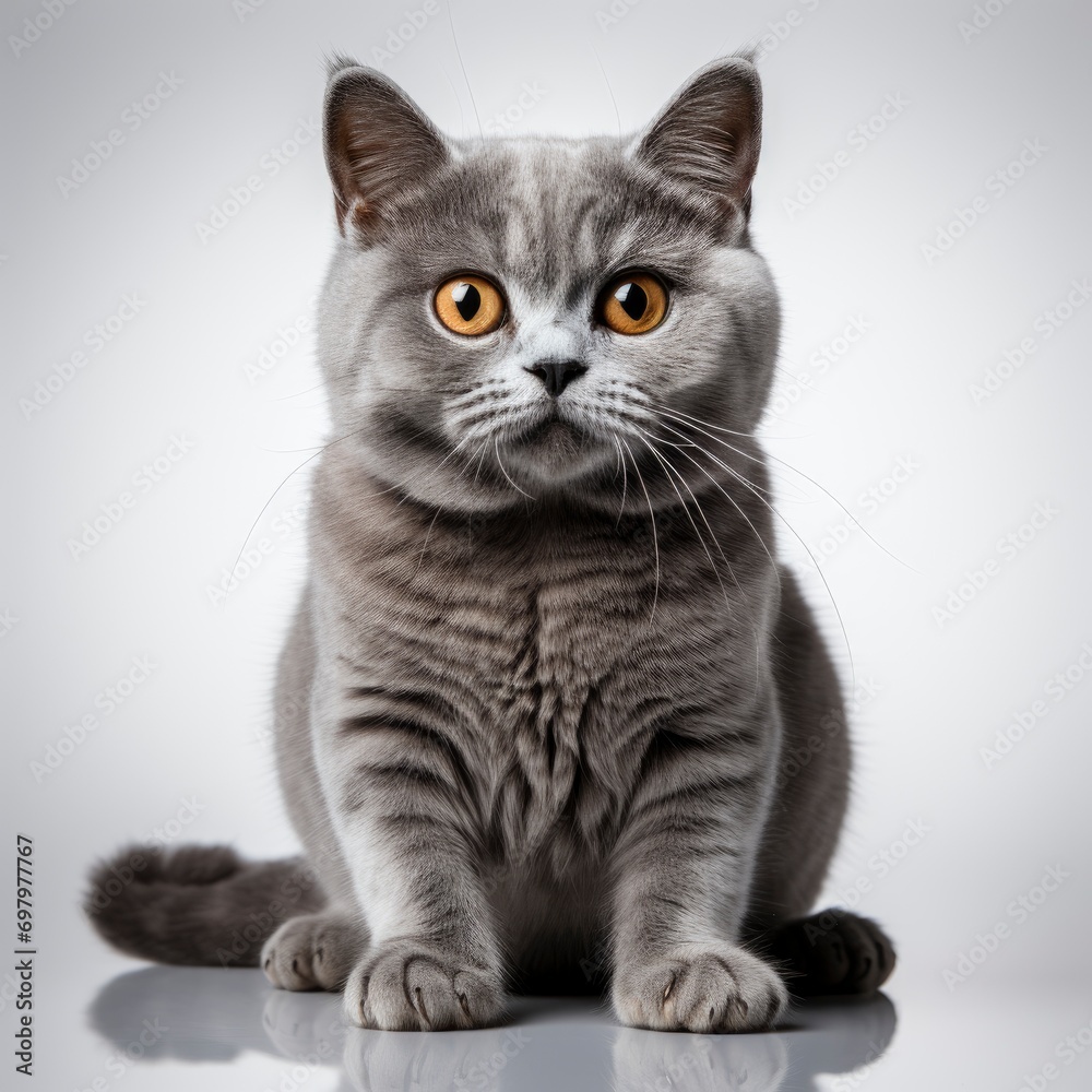 British Blue Cat Stands On Hind On White Background, Illustrations Images