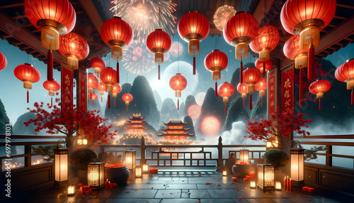 Lunar new year celebration background with red lanterns and fireworks.