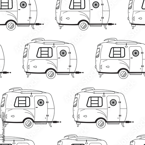 Camper cars seamless pattern, holiday caravans, vans, trailers, summer motorhomes, camping RV set. Mobile auto vehicles for travel, vacation in campsite, nature. Flat vector illustrations isolated