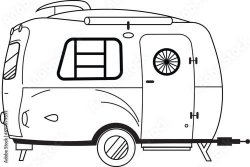 Camper cars, holiday caravans, vans, trailers, summer motorhomes, camping RV set. Mobile auto vehicles for travel, vacation in campsite. Outline vector illustrations isolated on white background