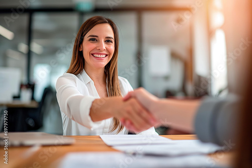 Successful Office Meeting: Mid-Aged Businesswoman Handshaking with Client. Smiling Female HR Conducting Job Interview and Negotiating Contracts with Clients in Office.