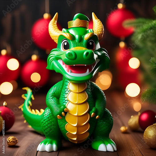 A figurine of a Chinese green dragon against a background of festive decorations.