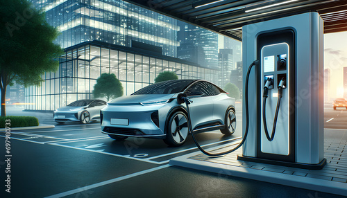 A modern scene depicting an electric car being charged at a charging station, The car should be sleek and futuristic, Generative AI photo