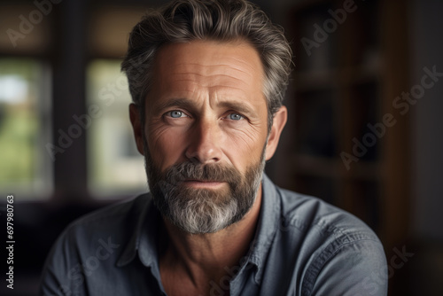 Male headshot portrait of a calm handsome middle-aged Caucasian man in the living room at home and looking at camera