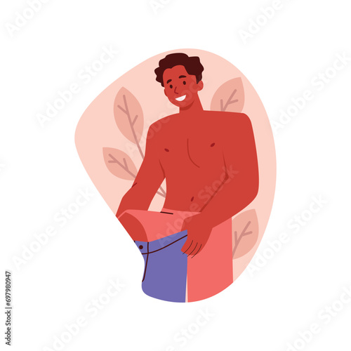 Man dressing and trying on trousers, flat cartoon vector illustration