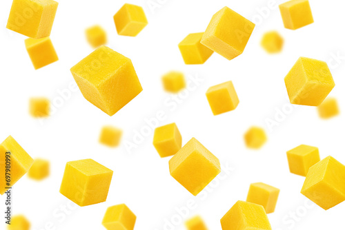 Canvastavla Falling Mango cube isolated on white background, selective focus
