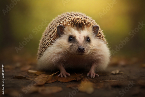 Close up hedgehog on fall leaves