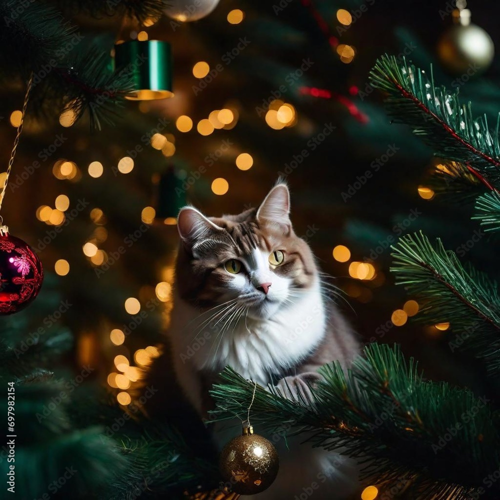 Obraz premium christmas tree with cat and ball