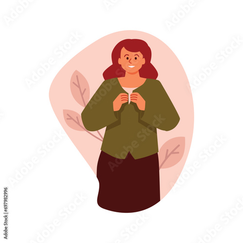 Young woman wearing green shirt, vector person dressing or changing apparel, getting ready, putting on clothes, dress up