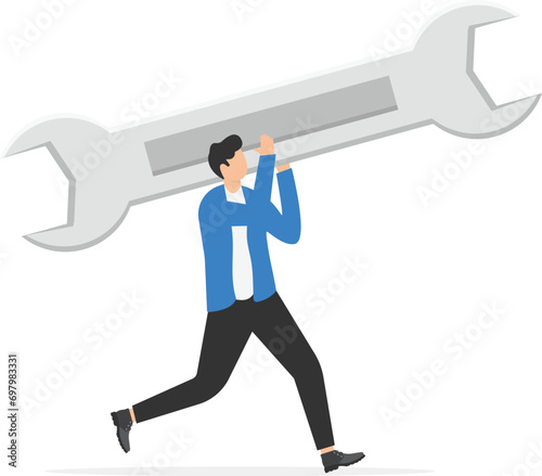 Fix business problem, help resolve problem, improve business in downturn or crisis management concept, smart businessman carrying big wrench metaphor of fixing problem.

