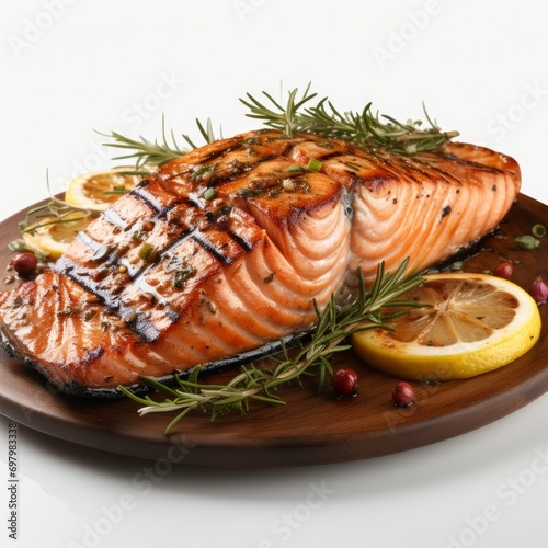 Grilled Salmon Fish Steak On White Background, Illustrations Images © HKTArt4U