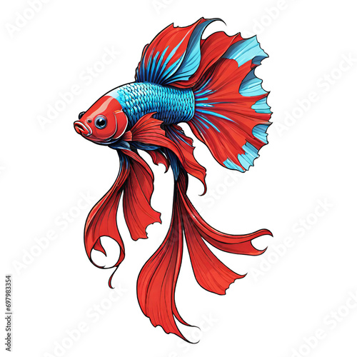 Betta fish blue red color design illustration on a transparent background