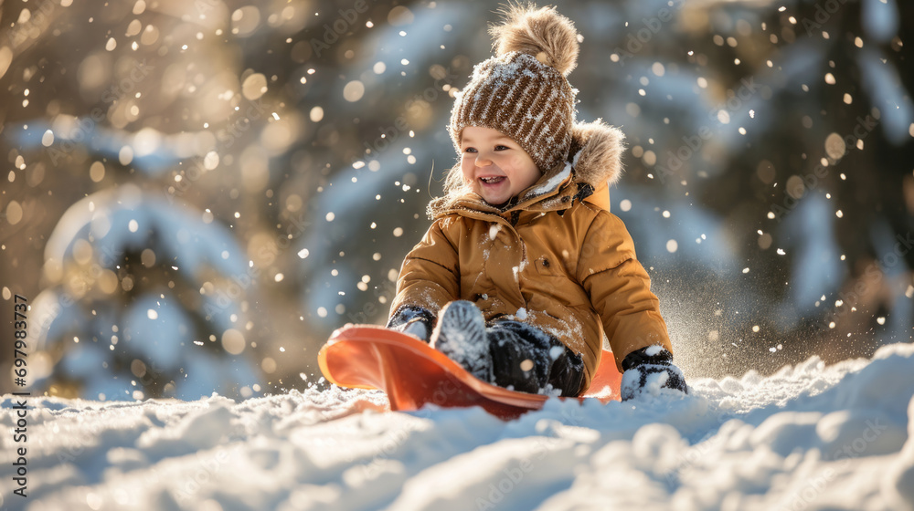 Blonde toddler child girl wearing a coat laughing and having fun on a snow sled, skid, sledge, toboggan and sliding down hill of snow