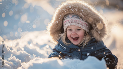Blonde toddler child girl wearing a coat laughing and having fun on a snow sled, skid, sledge, toboggan and sliding down hill of snow