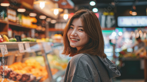 Half-body shot of a korean girl, in her 20s , smiling sweetly, facing the camera with the background of market salad stall and wearing a comfortable hoodie clothes