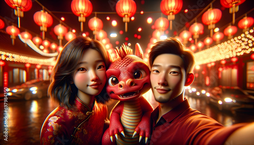 Selfie of couple with dragon at chinese new year night.