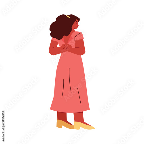 Young woman wearing a pink long dress, fastens it on the back, vector person dressing or changing apparel getting ready