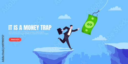 Fishing money chase business concept with businessman running after dangling dollar jumps over the cliff.