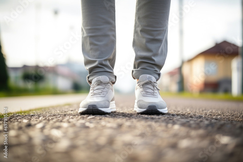 A man's feet in stylish sneakers stand on an asphalt path in a city park, expressing urban youth energy. Male, 25 years old, European ethnicity