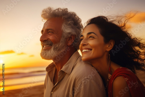 A young woman, 38 years old, Hispanic, and her elderly husband, 68 years old, Hispanic, enjoying a sunset on a beach